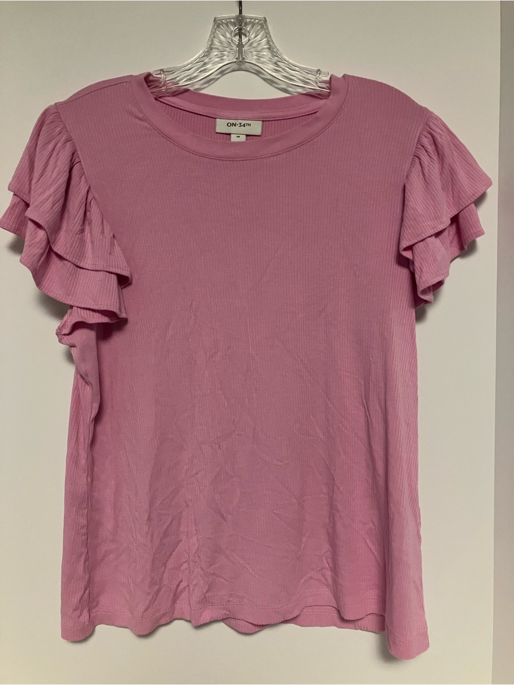 ON 34th Pink Ribbed Short Sleeve Top with Layered Ruffle Sleeves